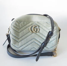 Authentic Gucci GG Marmont v stitch Chain Denim Leather  Shoulder Bag I#45409