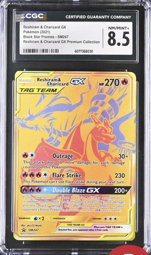 2021 POKEMON SM BLACK STAR PROMO #SM247 FULL ART/RESHIRAM & CHARIZARD GX CGC 8.5