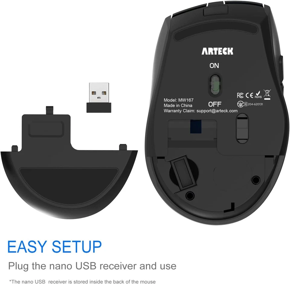 Arteck 2.4G Wireless Mouse with Nano USB Receiver Ergonomic Design Black - Image 3 of 4