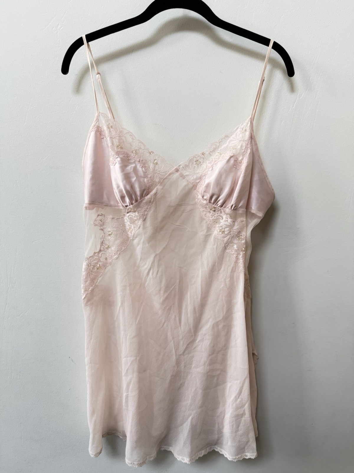 Victoria's Secret Pink Nylon Floral Sheer Lace Babydoll Slip Dress Top Size L