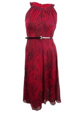 Tommy Hilfiger Women's Printed Belted Chiffon Halter Dress (18, Medium Red)