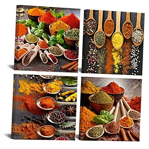 Kitchen Pictures Wall Decor 4 Piece Set Colorful Spices and Spoon Painting