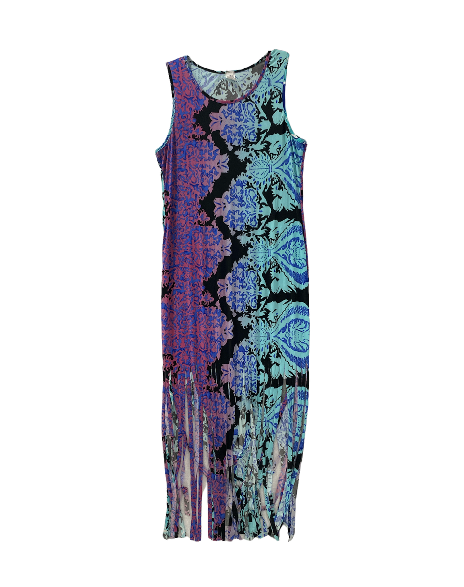 K Glam Maxi Dress Sleeveless Jersey Knit Fringe Bottom Floral Woman's 1X New