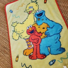 Sesame Street Big Bird Cookie Monster Elmo Toddler Plush Blanket 30" x 40" Vtg