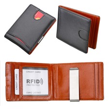 Mens Bifold Real Leather Slim Wallet Money Clip Credit Card Holder RFID Blocking