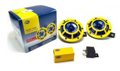 HELLA H31000001 Sharptone 12V Twin Horn Kit, High/Low Tone, Yellow Grill, Relay