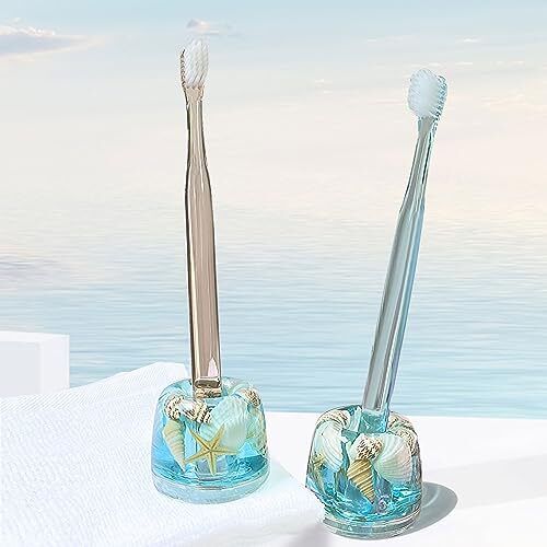  Mini Couple Toothbrush Holder Stand-Acrylic w/Nature Seashell Handmade  - Afbeelding 1 van 6