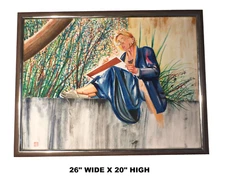 LOW PRICE! LARGE 26"X20" ORIG PAINTING "WOMAN SITTING ON WALL" w CHINA RED STAMP