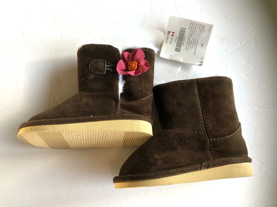 全新带标签 Gymboree 棕色人造毛皮人造麂皮绒/皮革靴子/鞋,尺寸 04 带花 — 第 3/4 张图片