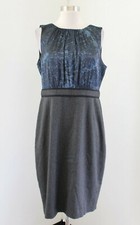 Tahari Teal Blue Charcoal Gray Contrast Sheath Dress Size 12 Career Office