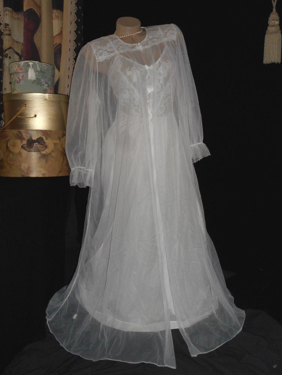 USA Barbizon Bridal White Peignoir Set Long Gown Small Sheer