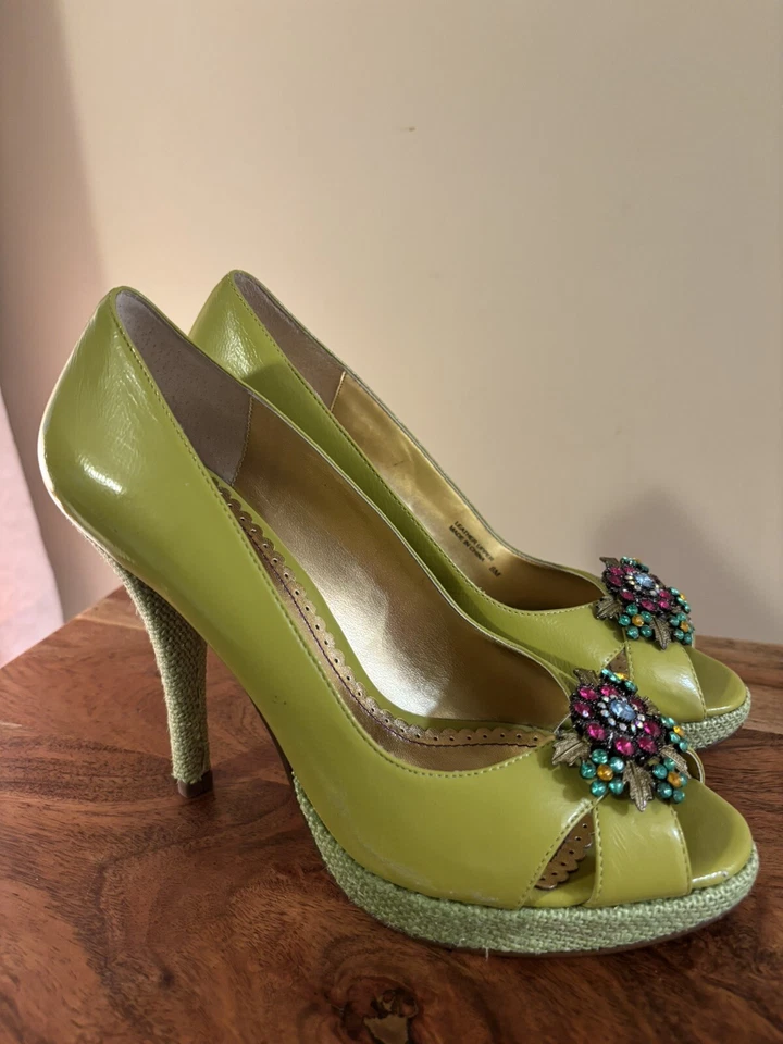 New! Hale Bob Lime Green Embellished Peep Toe Pumps Heels Size 8 Wicked Inspired - Image 2 of 4