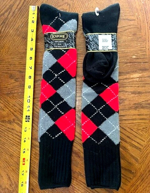 RARE 2 pair Men long tall argyles socks vintage retro RED GREY BLACK MADE in USA