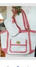 Coach Coral/Pink White Cricket bag&wristlet Summer Tote Handbag Set 13603 42661