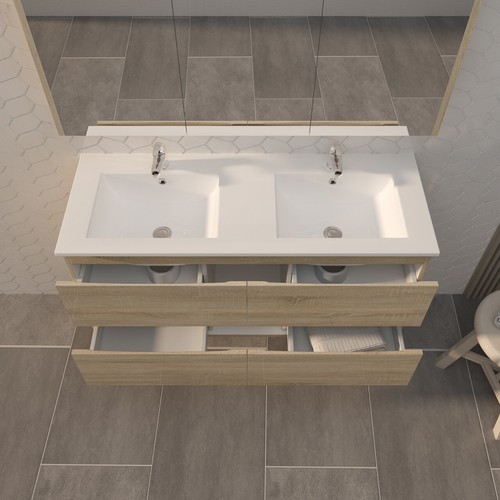 1200mm White Oak MDF Bathroom Vanity 2 Drawers Wall Hung with Ceramic Top - Picture 8 of 20