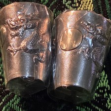 Antique Chinese Exp Silver Dragon High Relief Shot Glasses Hallmarked Zeesung 