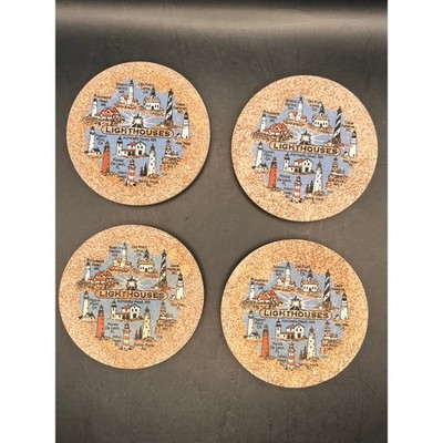 Lighthouses Cork Coasters Set of 4 Coastal Decor Style Souvenir Nautical Vtg