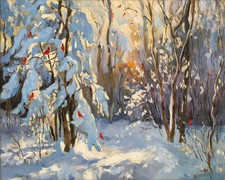 Tranquil Winter Forest | Snowy Trees & Red Cardinals Impressionist Museum Art