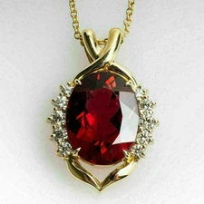 3.80Ct Lab Created Oval Cut Red Garnet & Diamond Beautiful Pendant 14K Gold Over