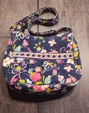 Vera Bradley Navy Quilted Floral Crossbody Shoulder Bag w Pink Yellow Accents
