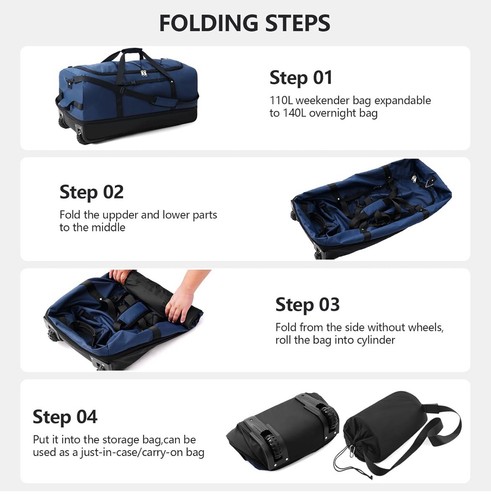 32” Expandable 140L Rolling Duffle Bag Luggage with 2 Inline Wheels Convertible - Picture 6 of 10