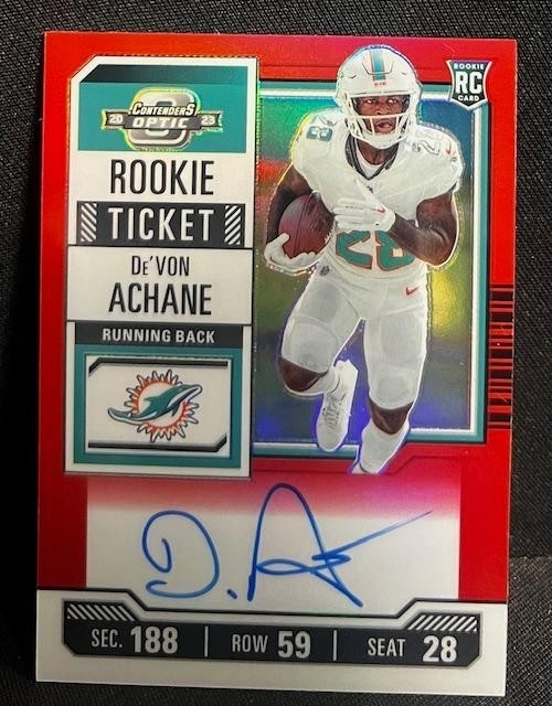 2023 CONTENDERS OPTIC DE'VON ACHANE ROOKIE TICKET ON-CARD AUTO /125 DOLPHINS