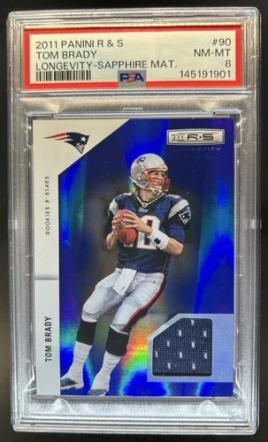 2011 Panini Rookies & Stars Longevity Tom Brady Jersey Sapphire #/100 PSA 8