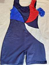 Moret Biketard Unitard Leotard Bodysuit Biketard Bleu Red White Girl 8-10 NWT