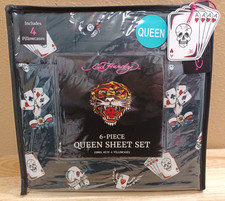 Ed Hardy Grey with Cards, Dice, Lucky Skulls 6pc QUEEN Sheet Set w/4 Pillowcases