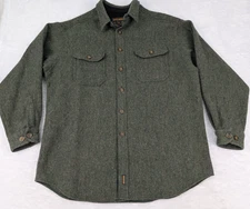 Woolrich Herringbone Shirt Jacket Mens L Green Wool Blend Button Barn Coat