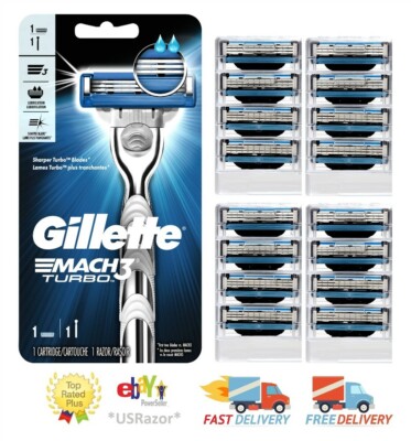 17 Gillette Mach 3 Razor Blades 16 Refill Cartridges Turbo Metal Shaver Handle 8