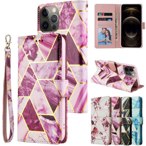 Leather Rose Marble Wallet Phone Case for iPhone 13 14 11 12 Pro MAX XR XS 7 8