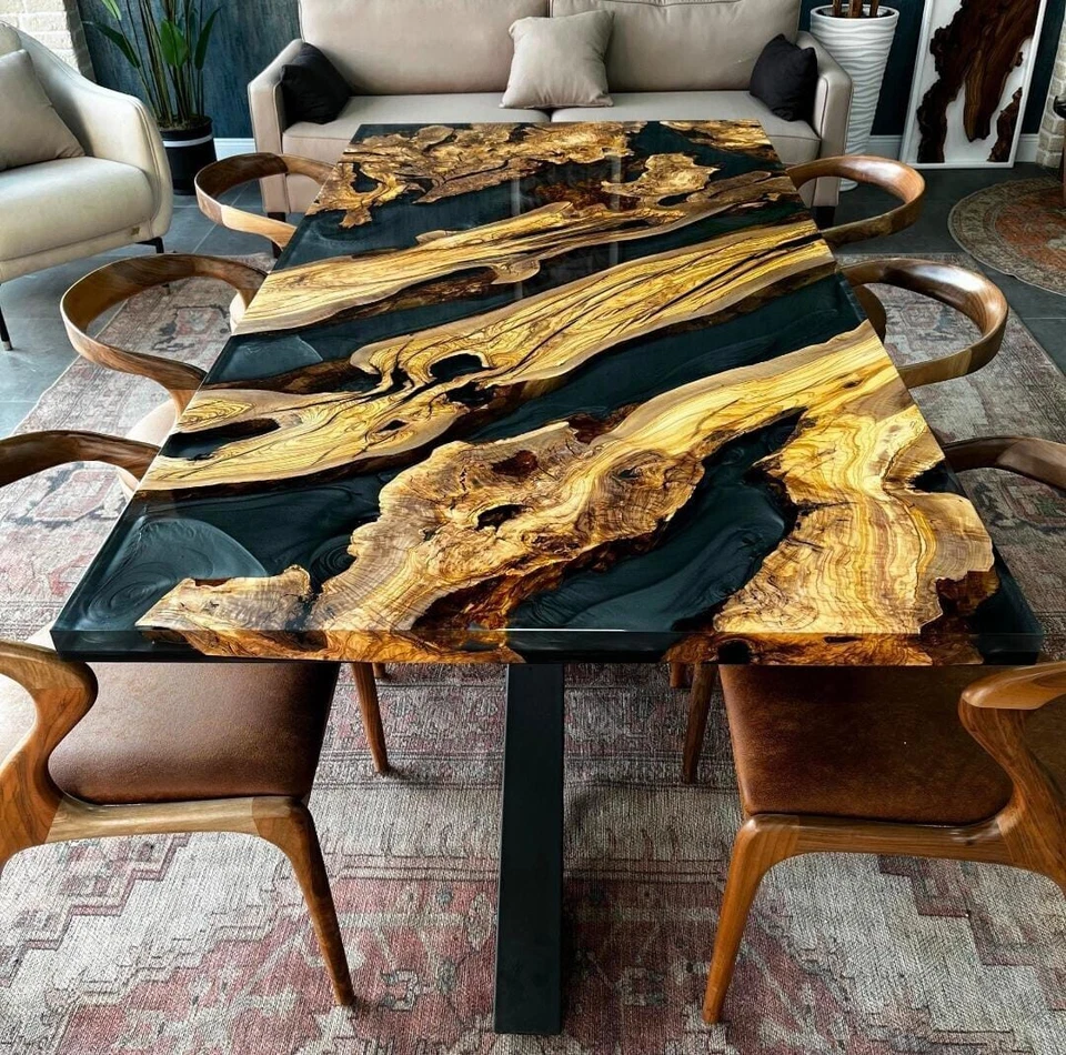 Mesa de comedor única de resina de madera de olivo - Mesa de borde vivo epoxi personalizada para el hogar Foto 2 de 4
