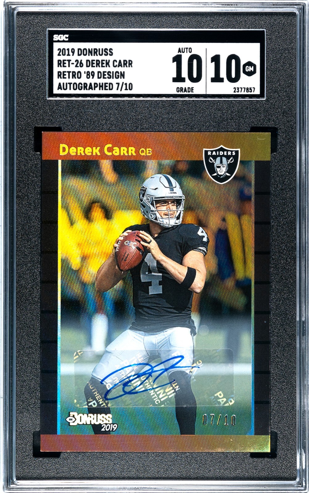 Derek Carr #RET 26 Football Cards 2019 Donruss Retro 1989 Autographs trading card — raw and PSA graded price guide