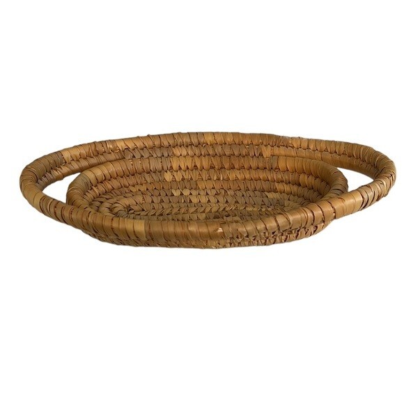 Handmade Basket Woven Straw Double Handled MultiTone Oval Coiled Boho