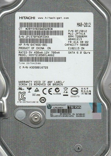 Hitachi Deskstar 0F15012 7K1000.C 500GB 6G 7200RPM 3.5" SATA HDD HDS721050CLA662 - 第 1/1 張圖片