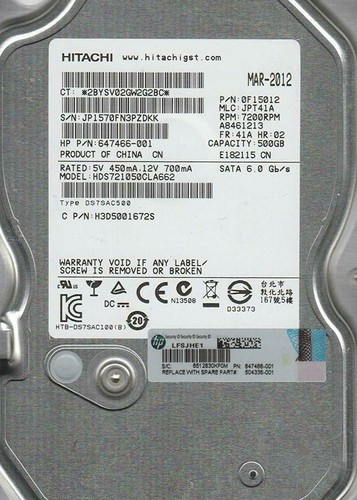 Disque dur sata Hitachi Deskstar 0F15012 7K1000.C 500 Go 6 G 7 200 tr/min 3,5 pouces SATA HDS721050CLA662 - Photo 1/1