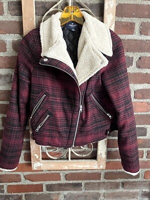 American Eagle Cropped Moto Red Black Plaid W/Sherpa Coat Women Size  Small