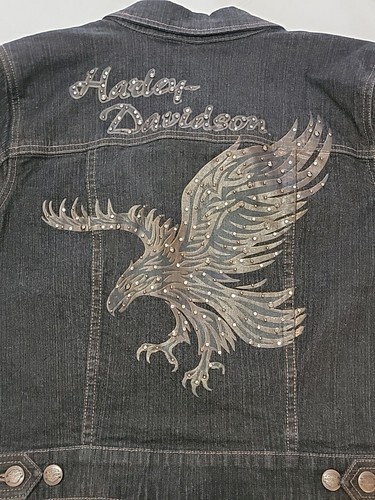 Giacca Harley Davidson vintage, donna taglia L, denim nero ritagliato con bottoni - Foto 2 di 12