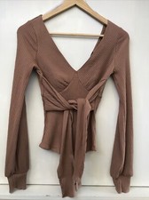 Lulus V-Neck Long Puff Sleeve Snap Bodysuit Brown Ribbed Tie Waist Small NWT
