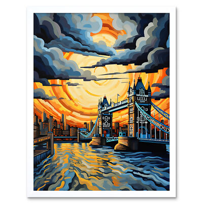 London Tower Bridge Dramatic Sunset Vibrant Artwork Framed Art Picture 12x16