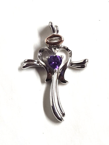 Sterling Silver Amethyst Heart Cross Pendant Angel Wings Halo Religious Gift