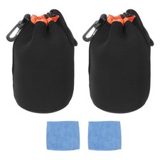 2 Pcs Camera Lens Pouch, 4" ID x 7" H Drawstring Plush Lens Pouch, Black/Orange