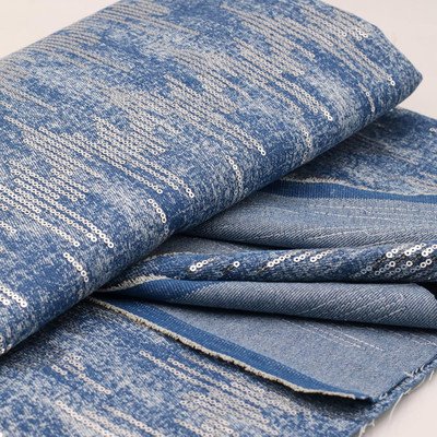 Blue Sequin Denim Fabric,59 Inch Width,10Oz Weight,Embroidery,Washed Finish Slig