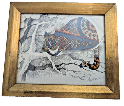 VTG Rare Cat On Branch Fabric Print Framed Picture Signed Saner Art Home Decor 