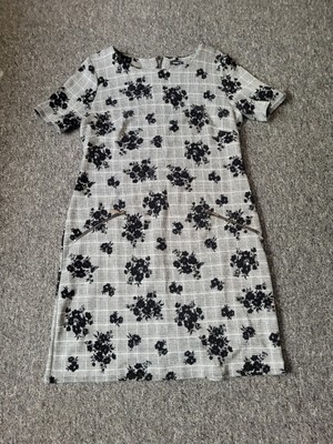 Roman Black White Short Sleeve 60s Style Smart  Shift Dress Lined Velvety UK 14