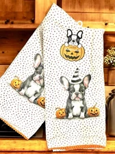 Colordrift Halloween French Bulldog Boston Terrier Kitchen Tea Towels Set NWT