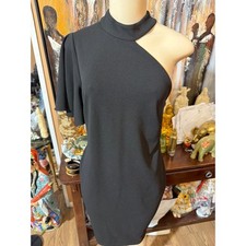 Calvin Klein Black One Shoulder Flutter Sleeve Sheath Dress Mock Neck Size 8