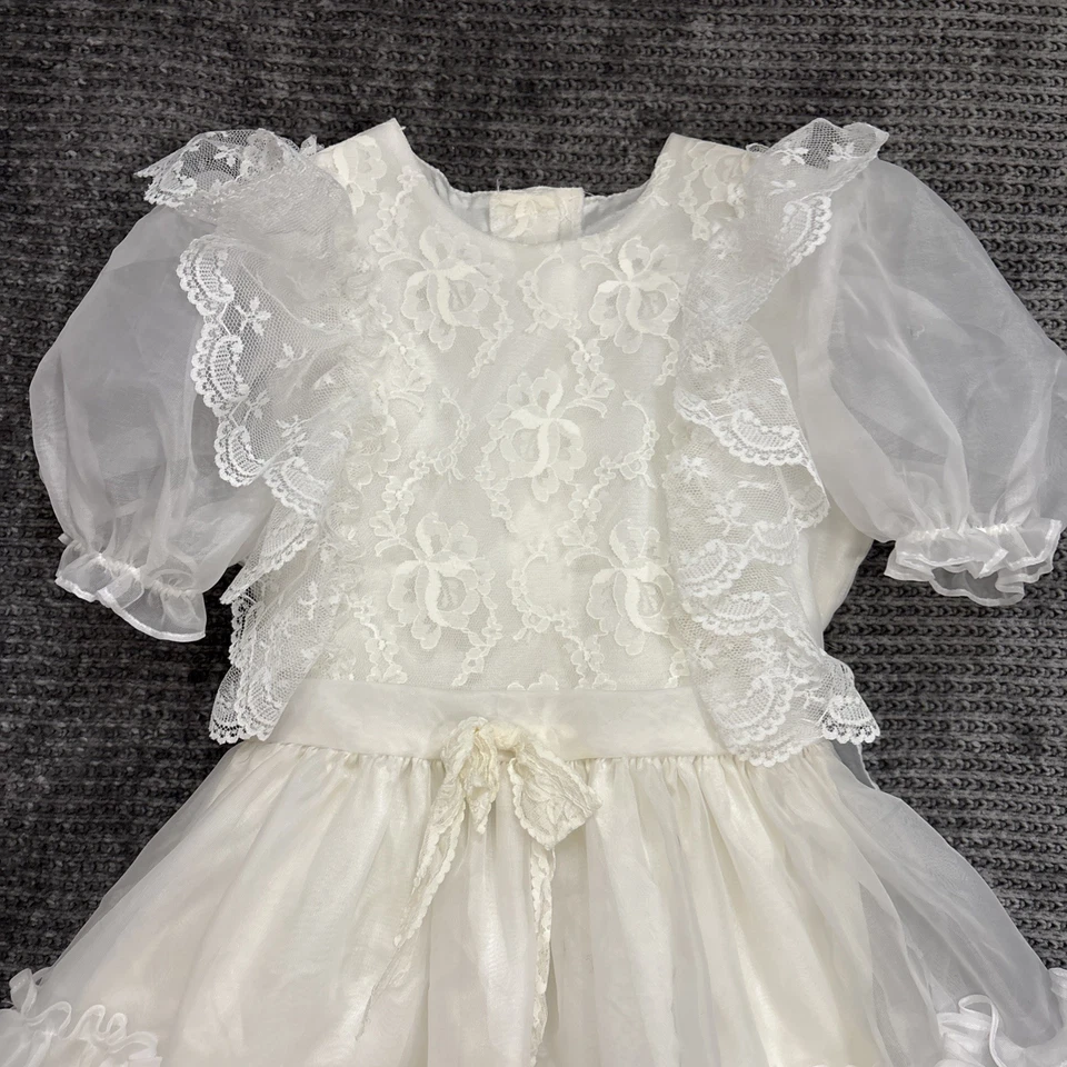 Vestido De Colección Campana Dorada Blanco Gasa Encaje Volantes Desfile Fiesta Círculo Completo Niñas 7 Foto 2 de 4