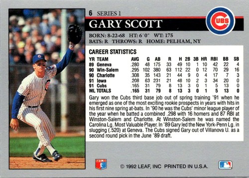 1992 Leaf #6 Gary Scott - Picture 2 of 2
